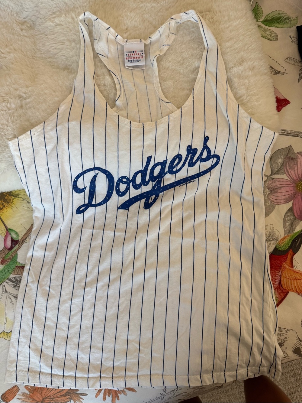 MLB Dodgers White and Blue Pinstripe Racerback Tank - Women